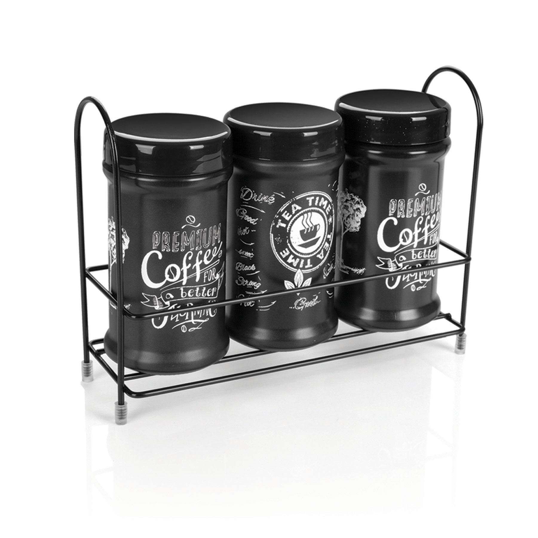 3-Piece Black Coffee Jar Set with Metal Stand