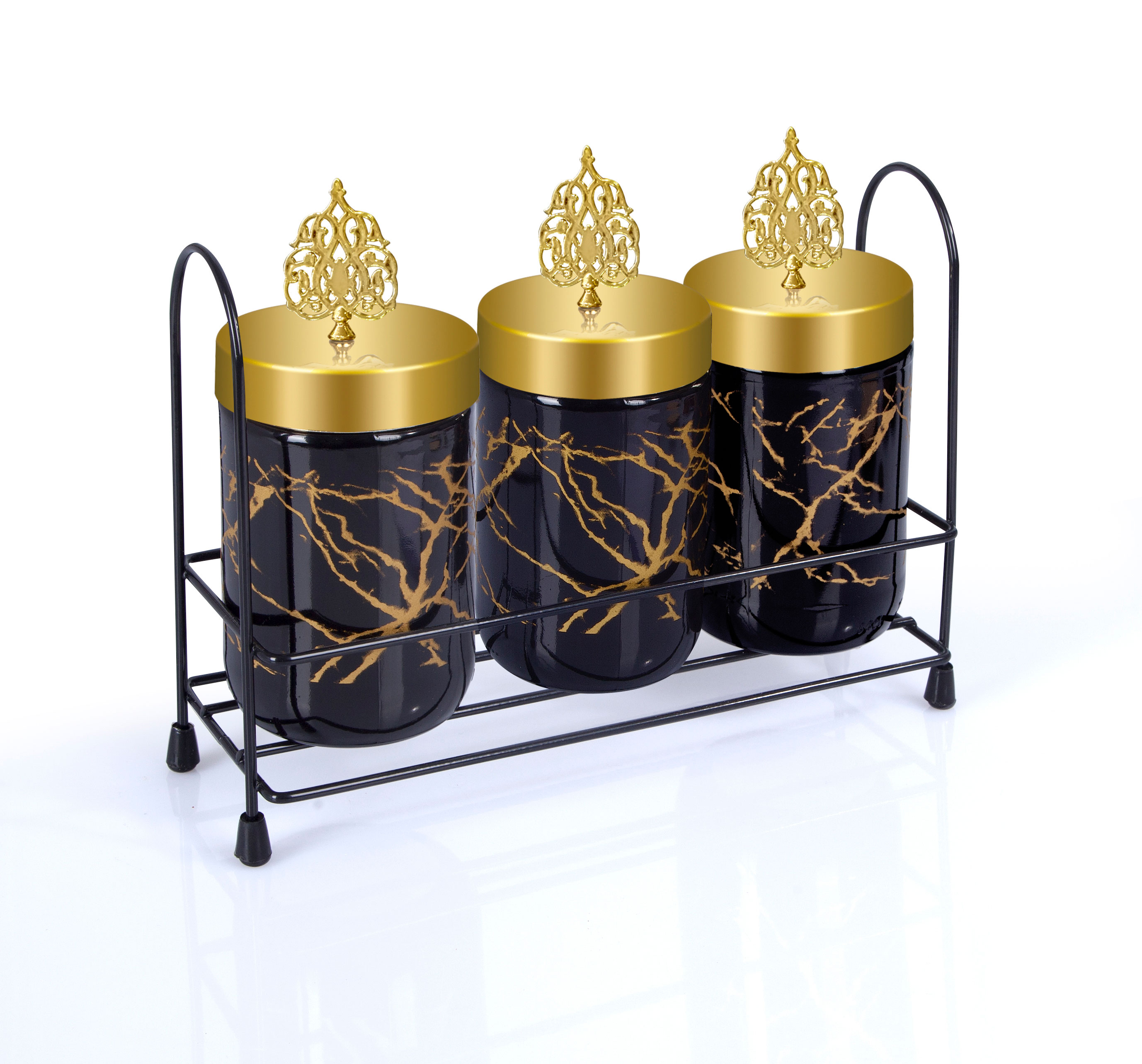3-Piece Marble Jar Set with Ottoman-Style Lids and Metal Stand
