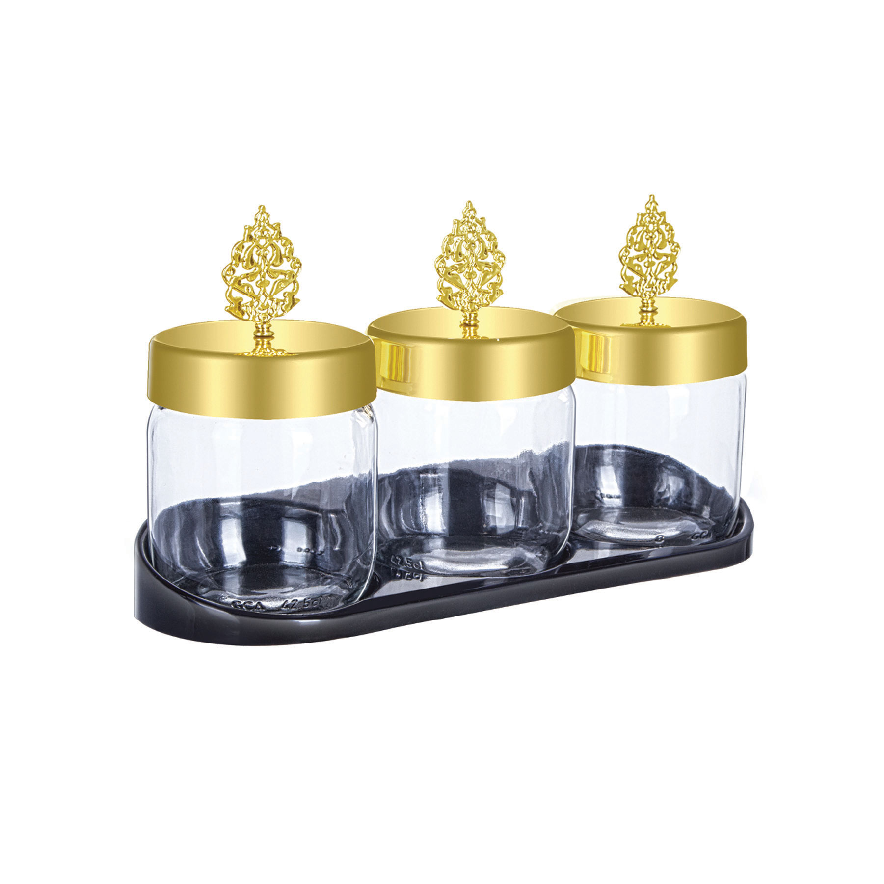 3 Piece Gold Lidded Spice Jar Set (With Stand)